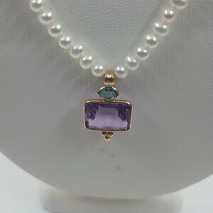 Vintage IBB Pearl Necklace with Amethyst and Topaz 14K Gold Pendant.
